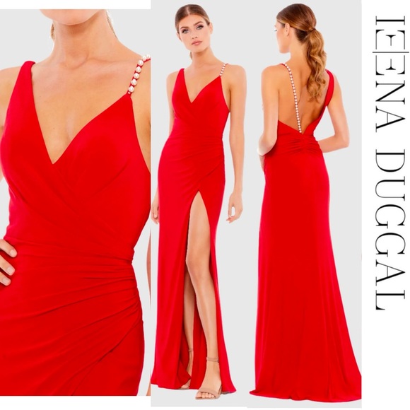 Ieena x Mac Duggal - Red Asymmetrical Pearl Strap V-Neck Gown Size 10